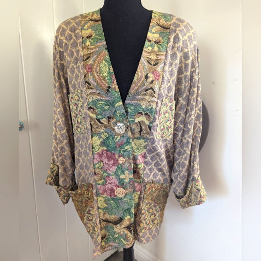 VTG Componix Patchwork Floral Embroidered Top Shacket Cottagecore Prairiecore SM